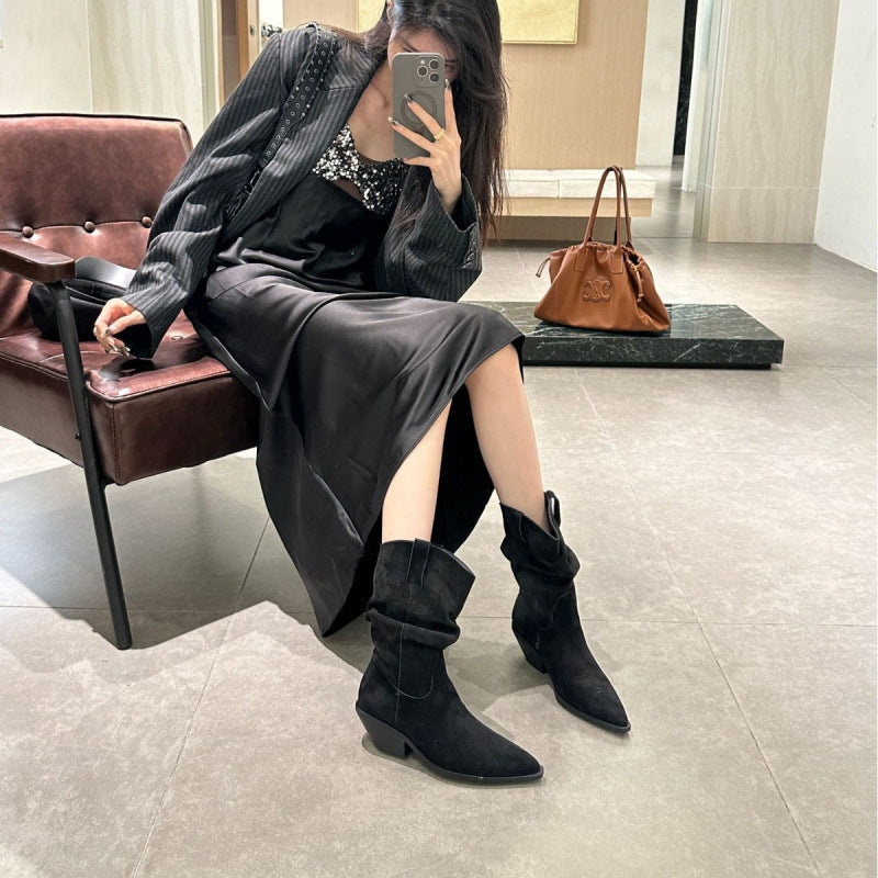 Versatile Retro Ankle Korean Style Chunky Sleeve Short Pleated Women's Leather Boots