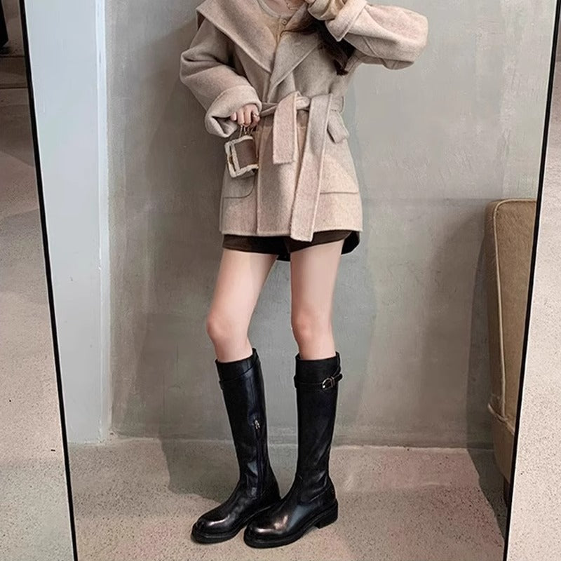 Women's Grape Long Thick Bottom Riding Large Size Pleated Women's Leather Boots