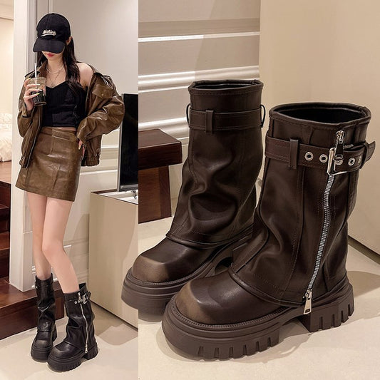 Women's Brown Slimming British Style Platform Martin Summer Women's Leather Boots