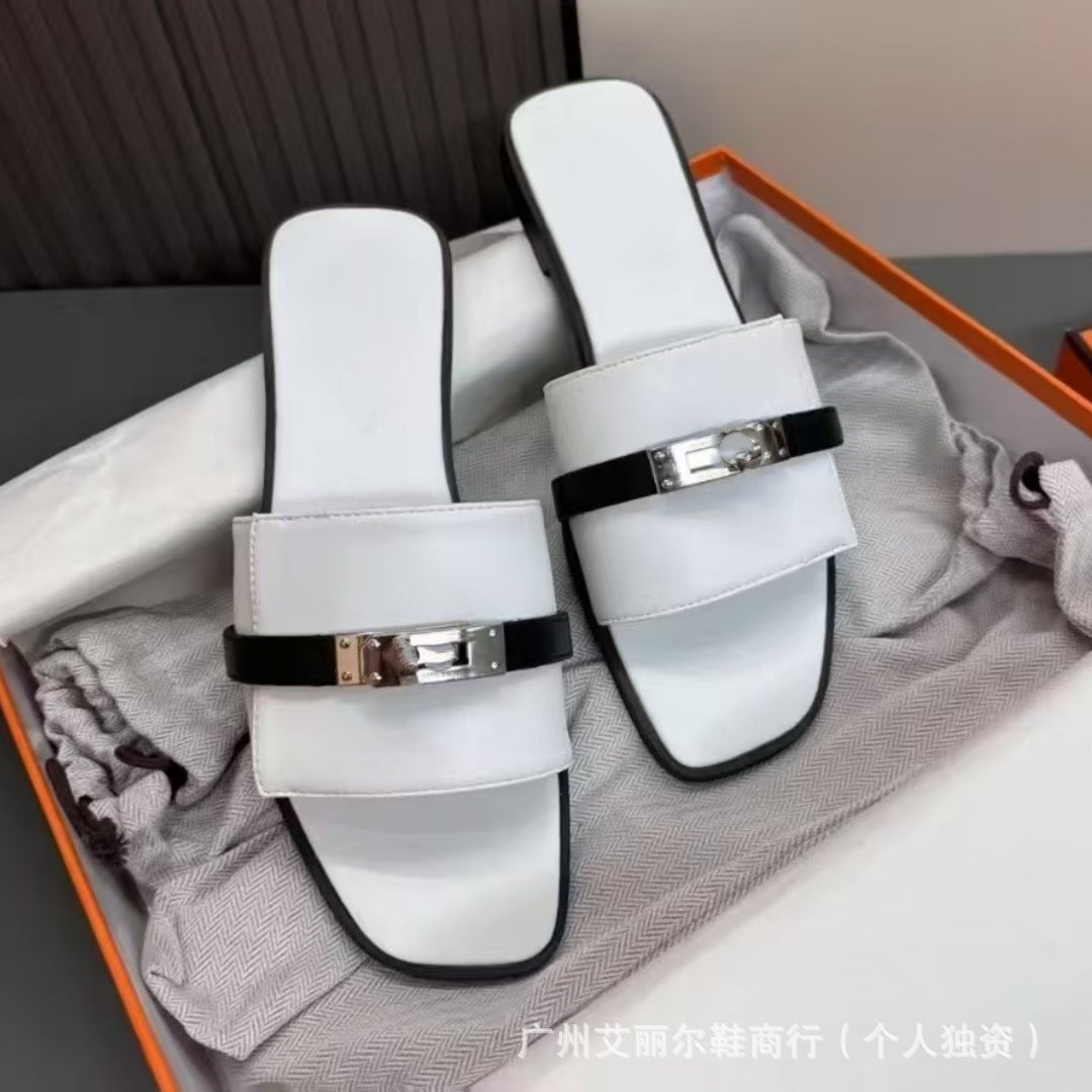 Women's Good-looking High Quality Metal Buckle Watch Band Rubber Slippers