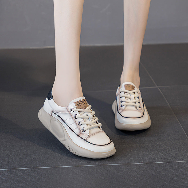 Women's Retro White First Layer Cowhide Platform Casual Shoes