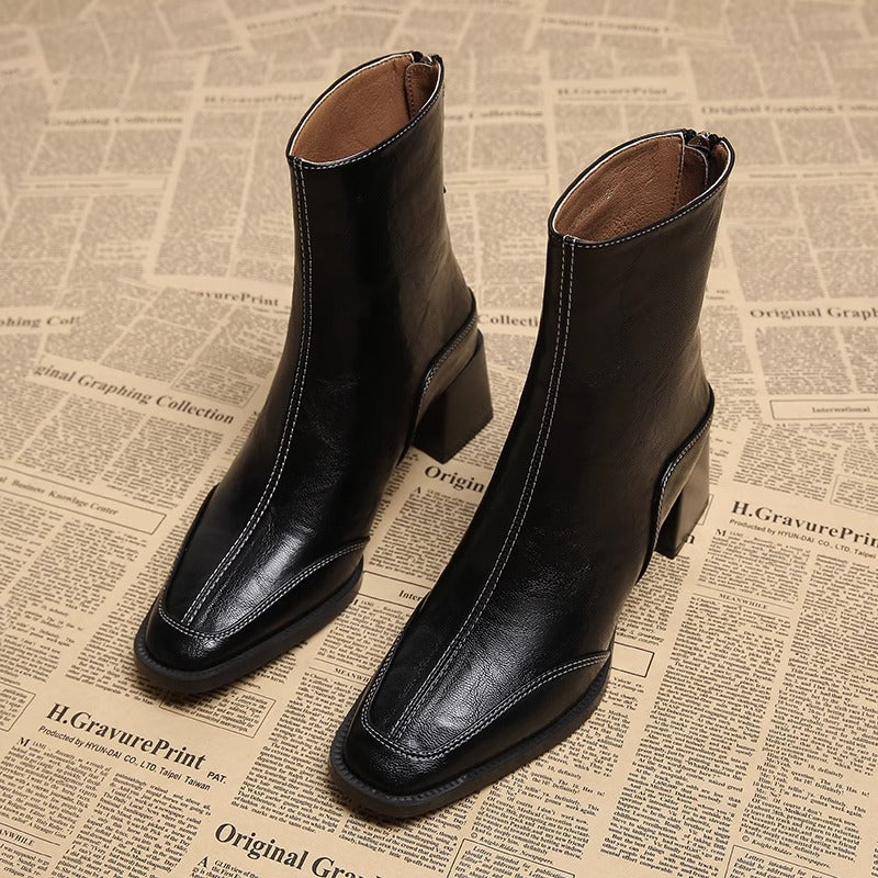 Women's Design Sense Square Toe Chunky Short British Style Fried Street Women's Leather Boots