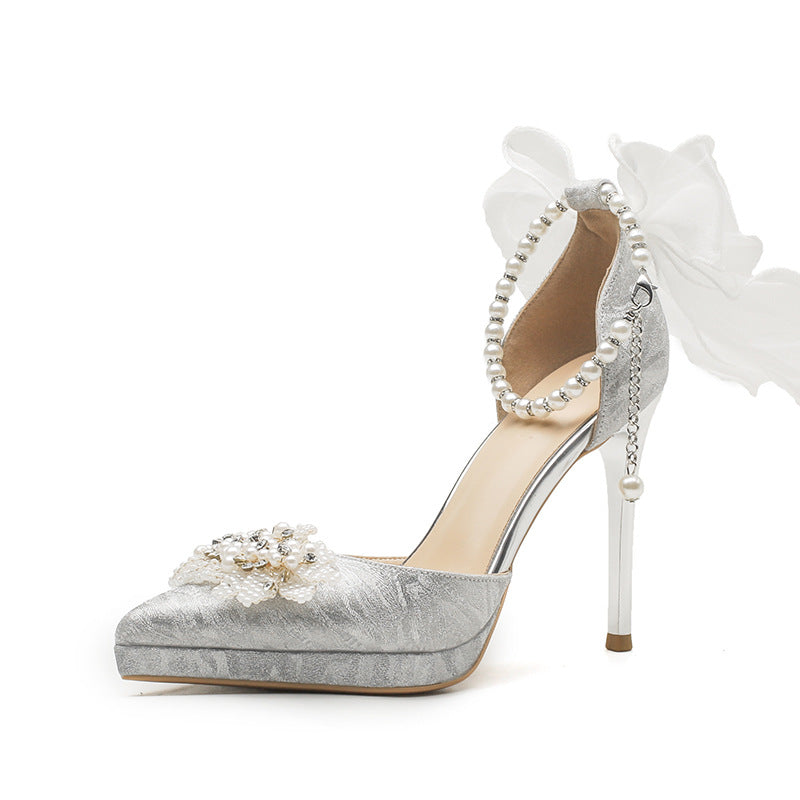 Women's Spring Sier High Stiletto Pearl Bow Rhinestone Bridal Heels
