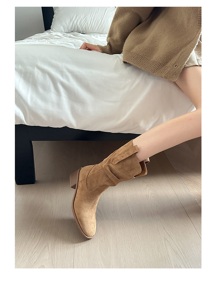 Women's Cowboy Pointed Toe Chunky Pleated Pile Style Short Martin Boots