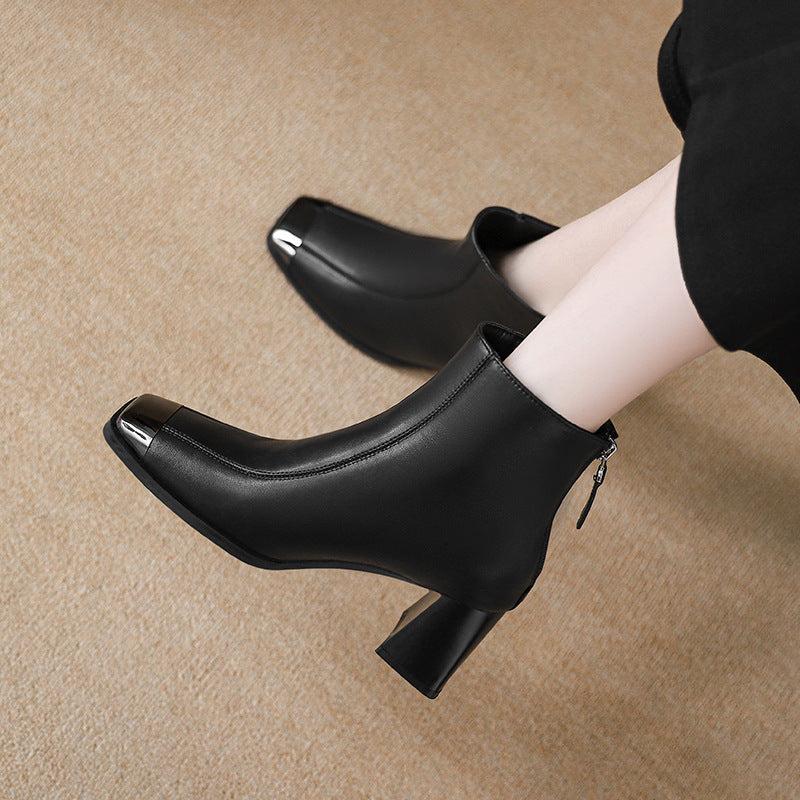 Women's Back Zipper Chunky Fashion Martin Style Metal Square Women's Leather Boots