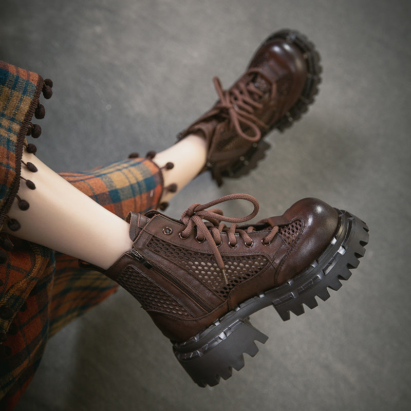 Women's Layer Cowhide Double Zipper Small Raise The Bottom Platform Sandals