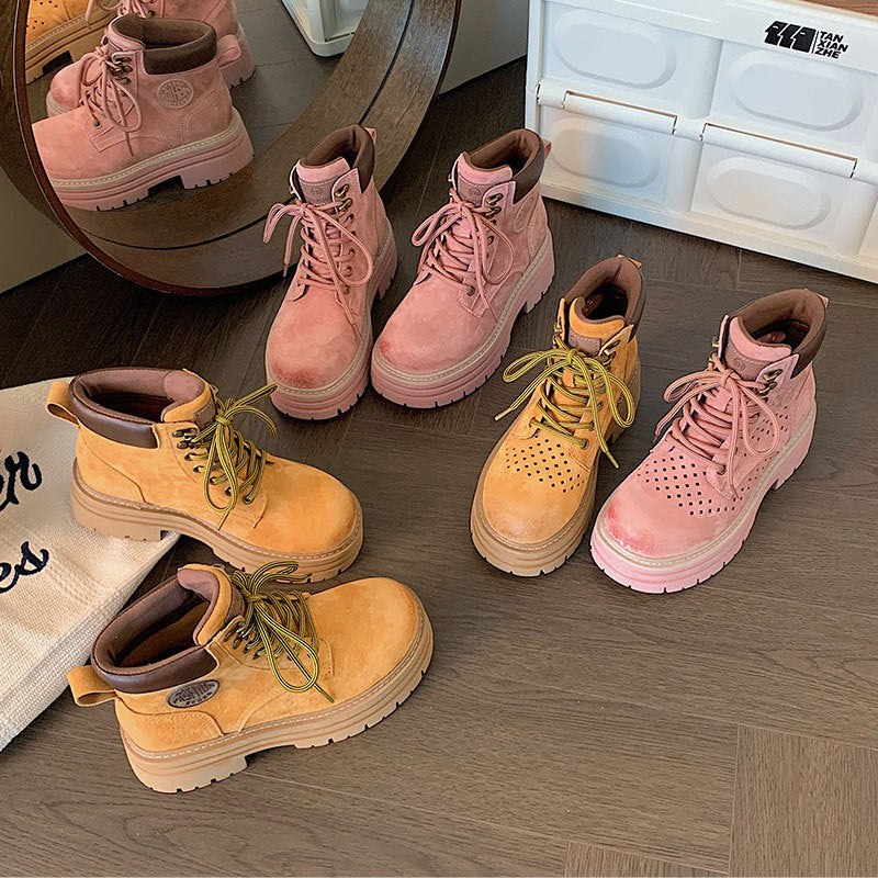 Women's Height Increasing Insole Pink Small British Style Ankle Women's Leather Boots