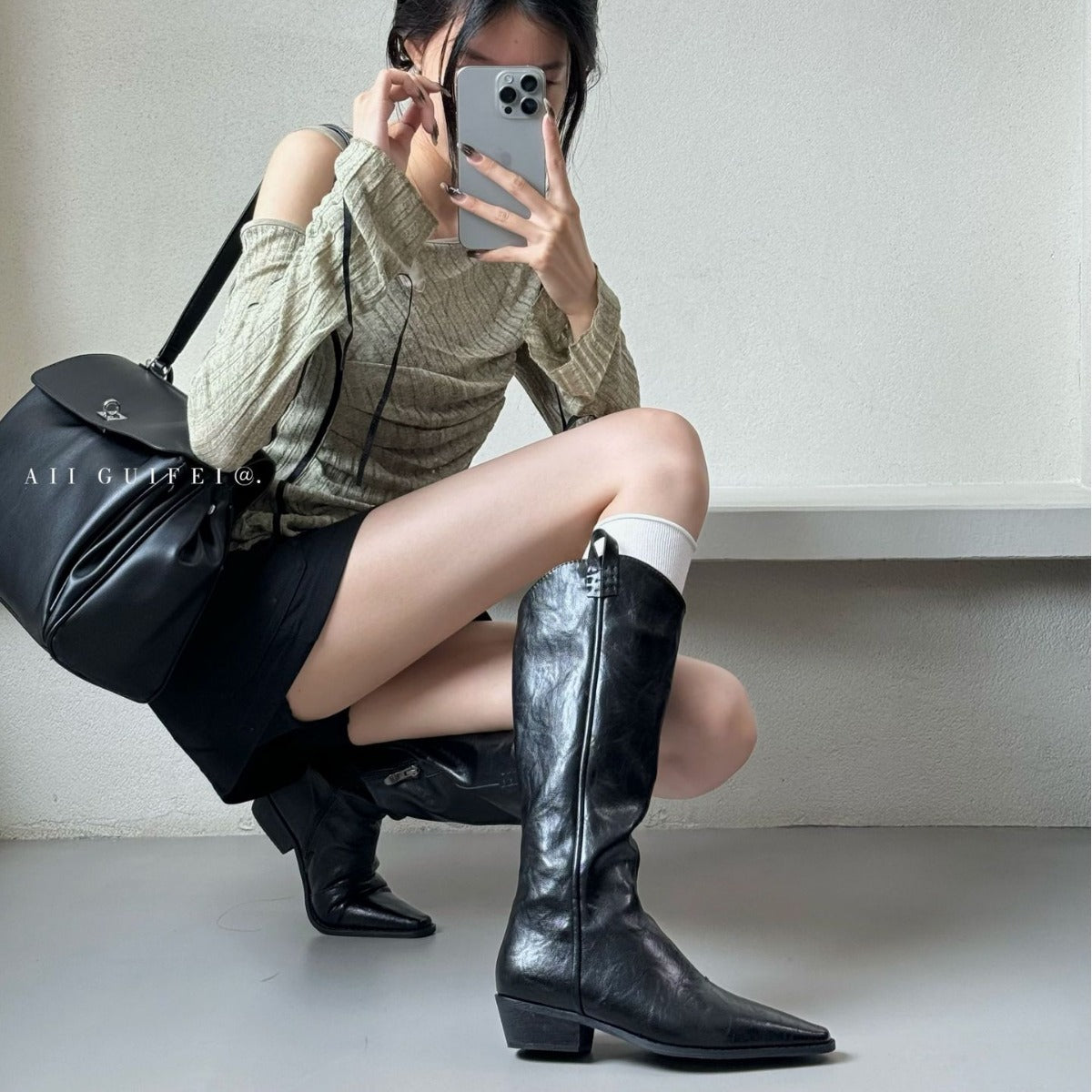 Solid Color V Cut Knight Female Retro Easy Matching Women's Leather Boots