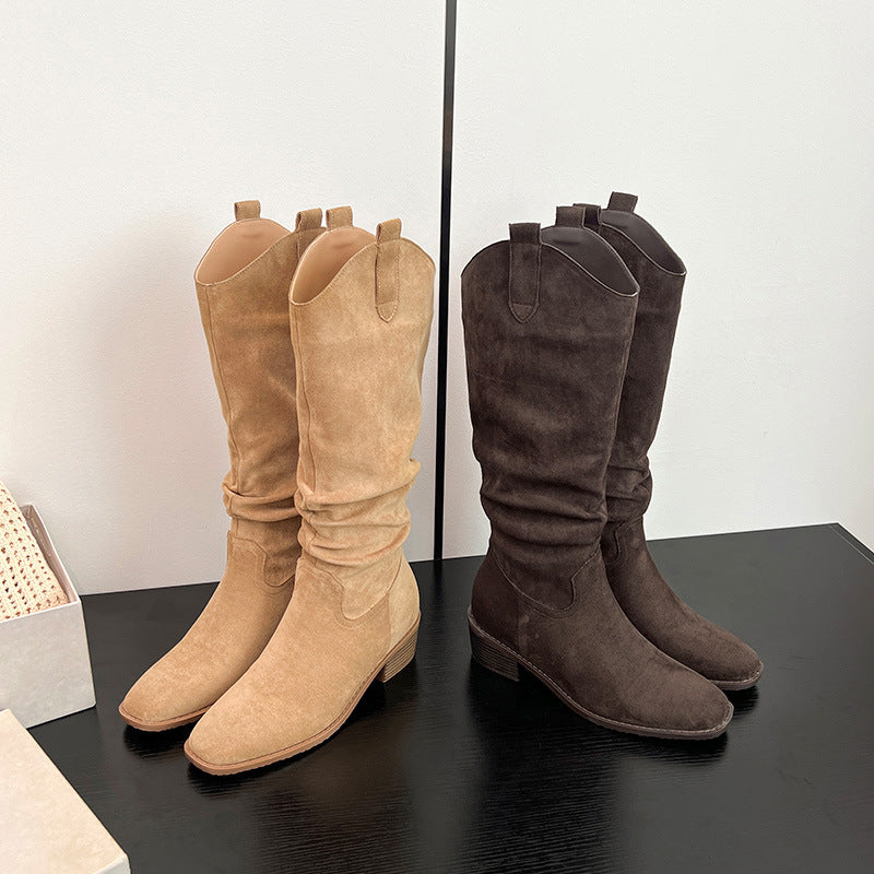 Women's Thick V Cut Martin Invisible Height Increasing Insole Pile Style Women's Leather Boots