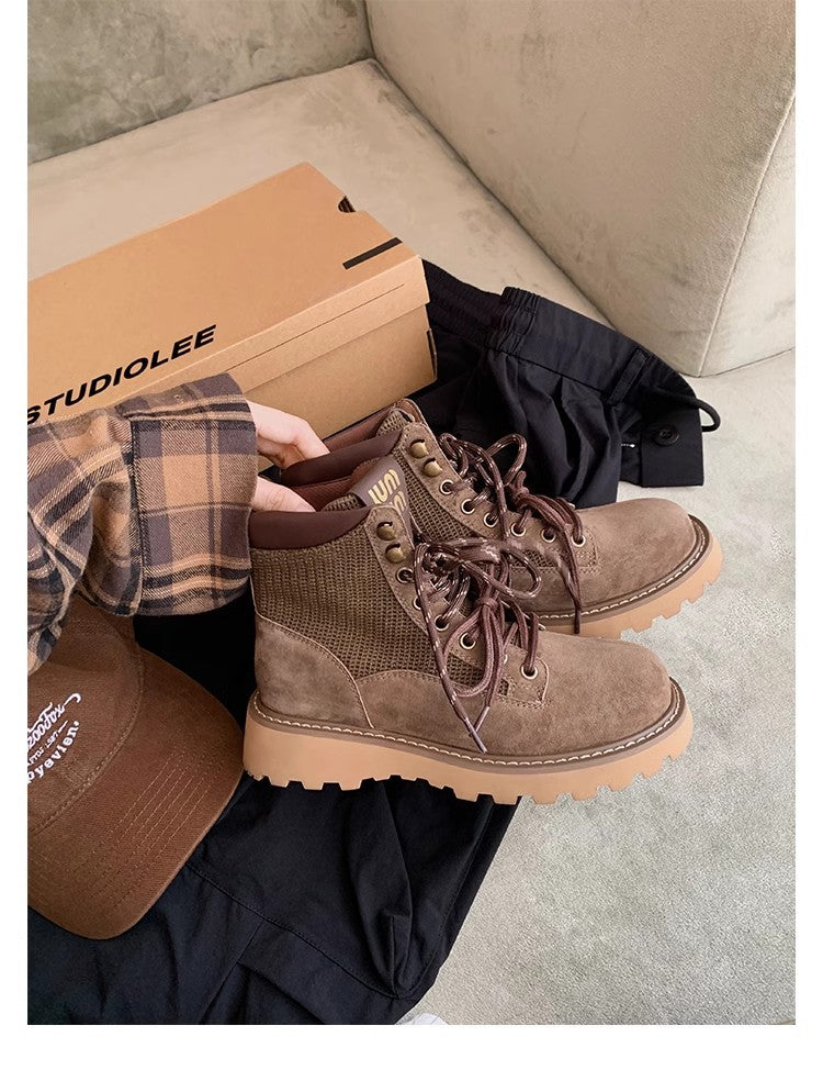 Women's British Style Fashionable Short Booties Round Head Thick Women's Leather Boots