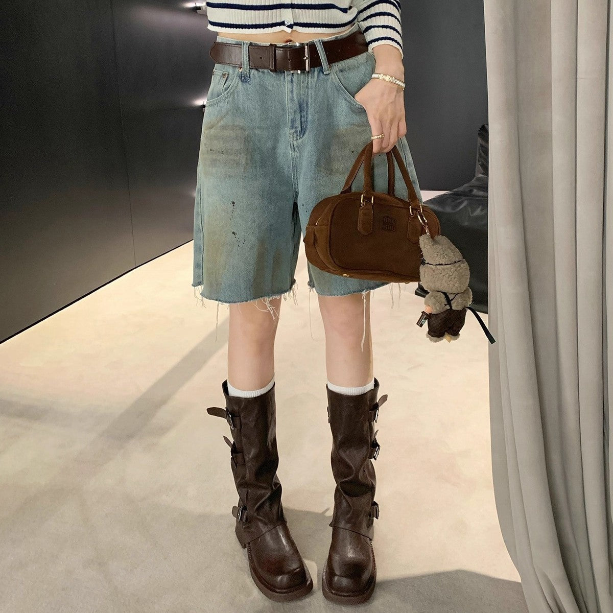Women's Height Increasing Belt Buckle Head Amber Streamer Wind Western Pile Women's Leather Boots