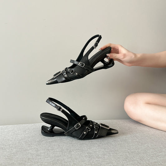 Women's Retro Pointed Toe Strap Belt Buckle Closed Punk High Heeled Sandals