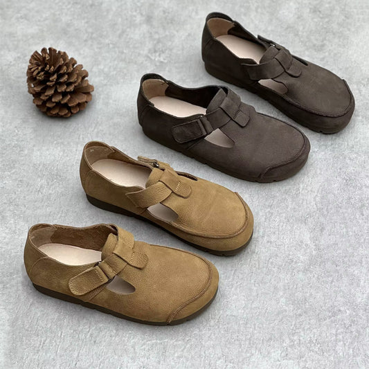 Women's Handmade Genuine Pumps Retro Artistic Round Toe Flat Bottom Velcro Women's Casual Shoes