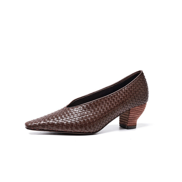 Women's Woven Pumps Thick Kitten Early Spring Genuine Square Toe Low-cut Women's Fashion Shoes