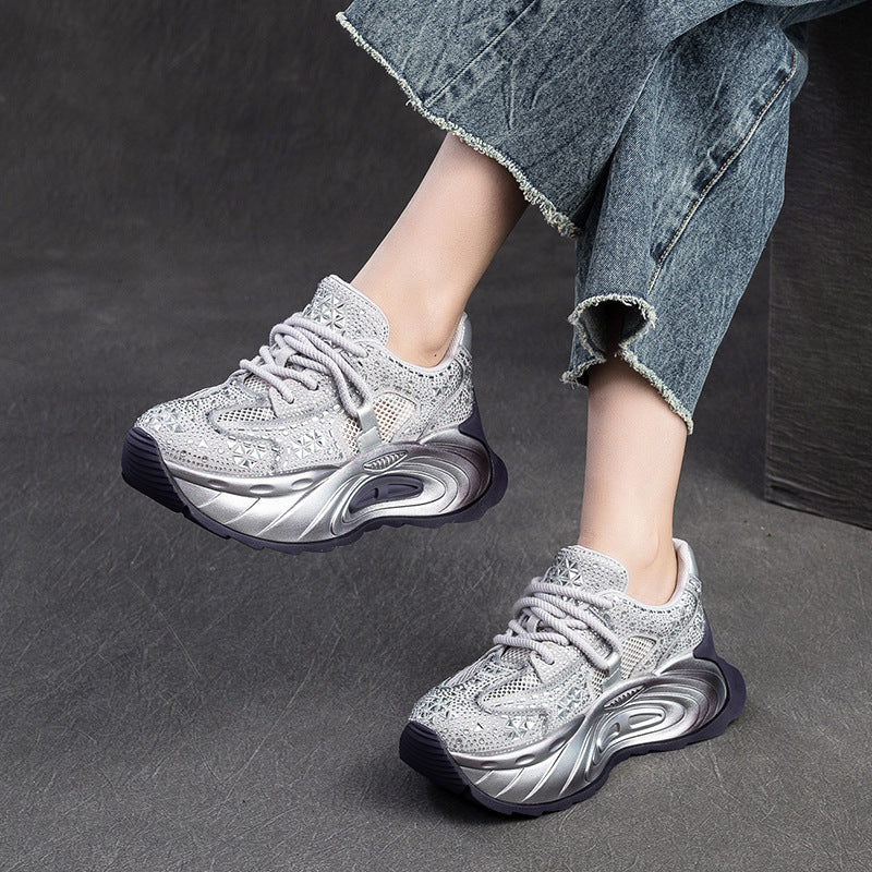 Women's Breathable Mesh Rhinestone Sports Dad Fashion Women's Casual Shoes