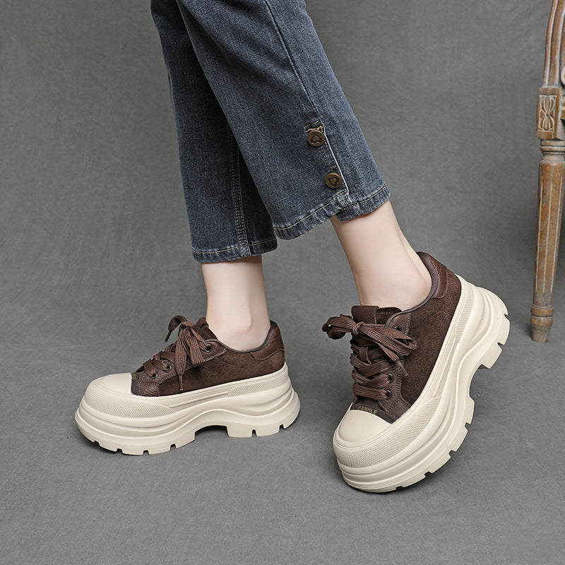 Women's Layer Cowhide Small Thick Bottom Heightened Platform Women's Sports Shoes