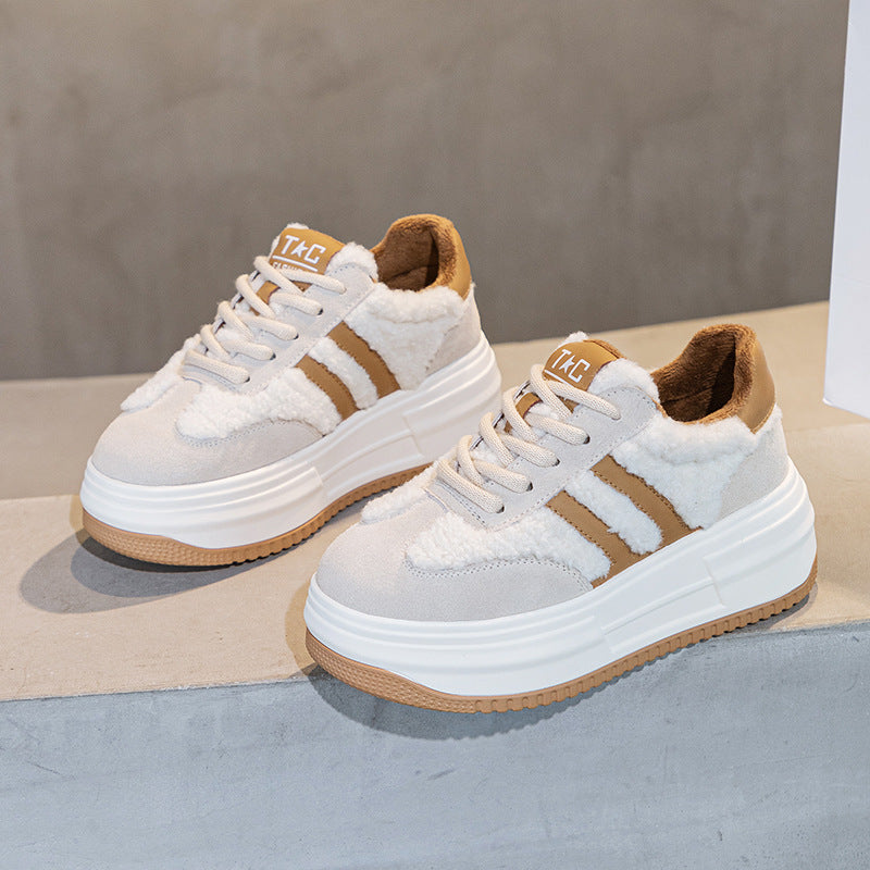 Women's Cotton Platform Height Increasing Insole Genuine Lamb Fur Sneakers