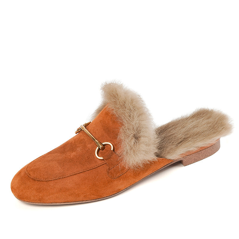 Women's Fluffy Sheep Split Rabbit Fur Winter Outer Wear Closed Toe Flat Slippers