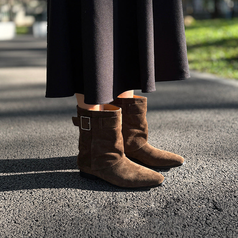 Women's Toe Belt Buckle Short Fashionable Suede Women's Leather Boots