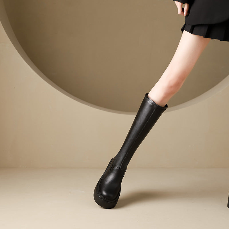 Women's Thick Sole Height Increasing Small Below The Knee Leg Women's Leather Boots