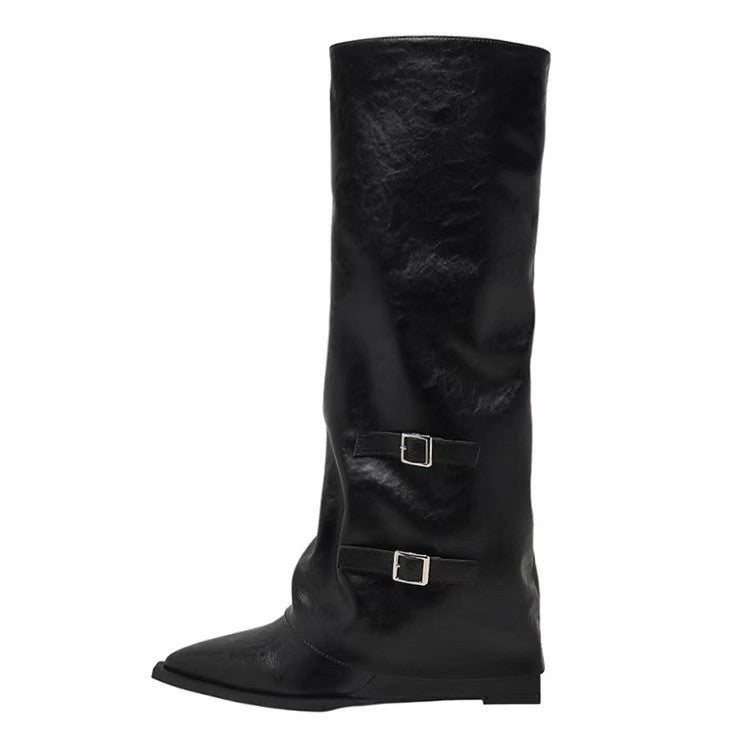 Belt Buckle Pants Tube Long Female Tall Boots