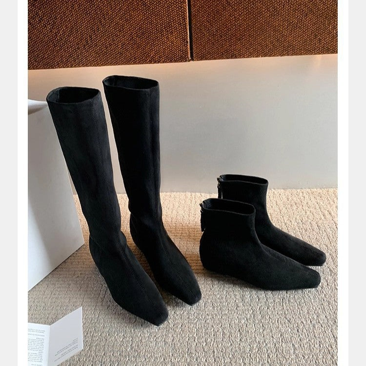 Version Height Increasing Insole Minimalist Square Toe Back Women's Leather Boots