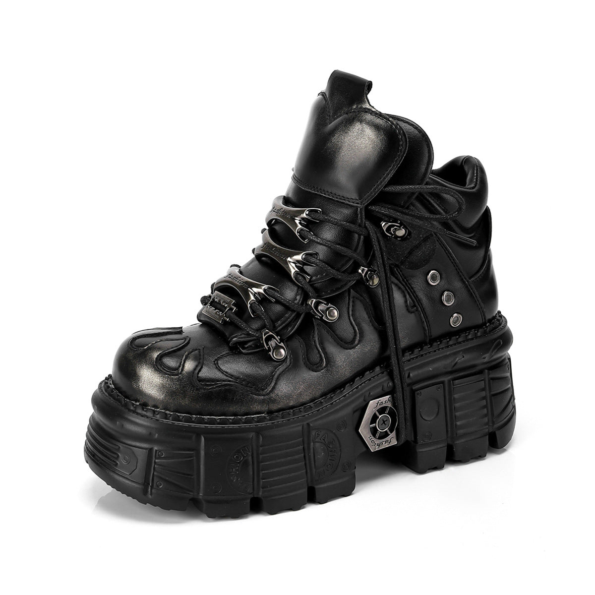 Women's & Men's Dark Platform Thick Bottom Punk Metal Heightened Single Layer Motorcycle Women's Leather Boots