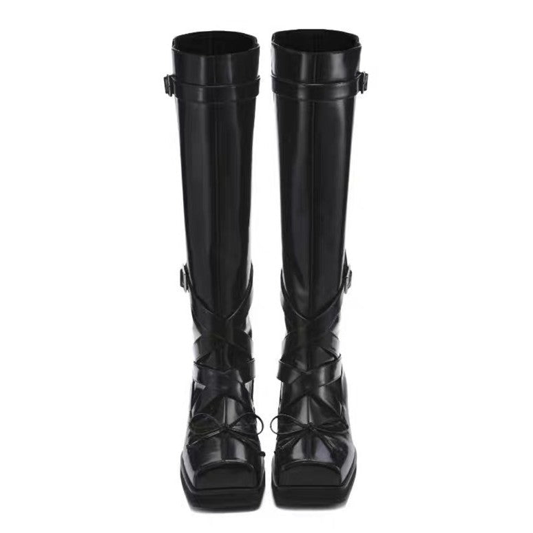 Women's Cowhide Version Square Head Ballet Chunky Tall Knight Heels