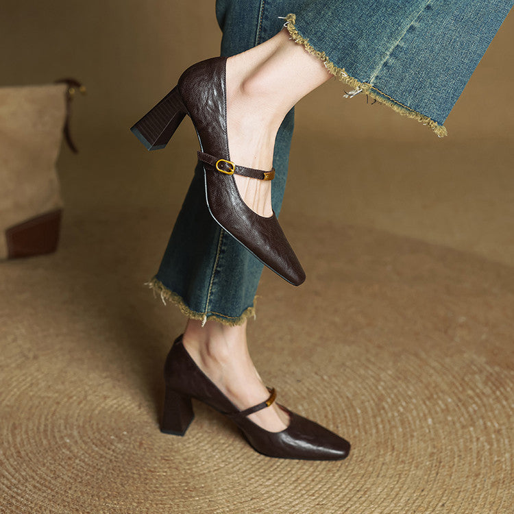 Women's French Retro Authentic Square Toe High Chunky Brown Thin Plus Women's Casual Shoes
