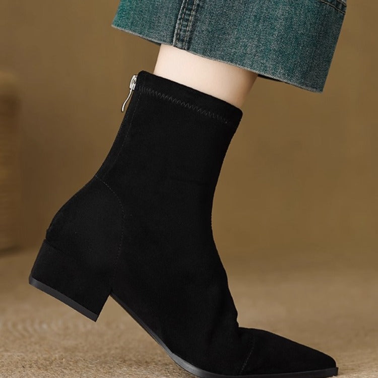 Women's Pointed Toe Stretch Thin Low Suede Chunky Back Women's Leather Boots