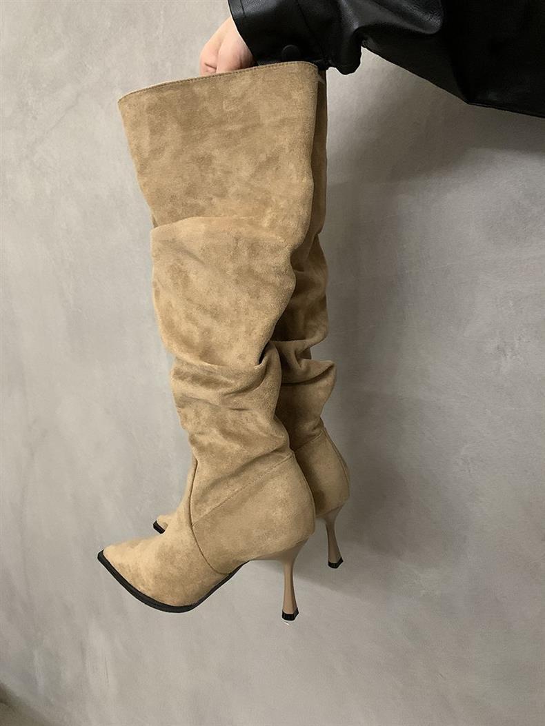 Stiletto Pointed Toe Long Pleated Pile Women's Leather Boots