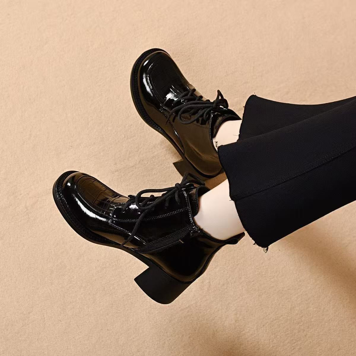 Women's Chunky Autumn Round Toe British Style High Leather Shoes