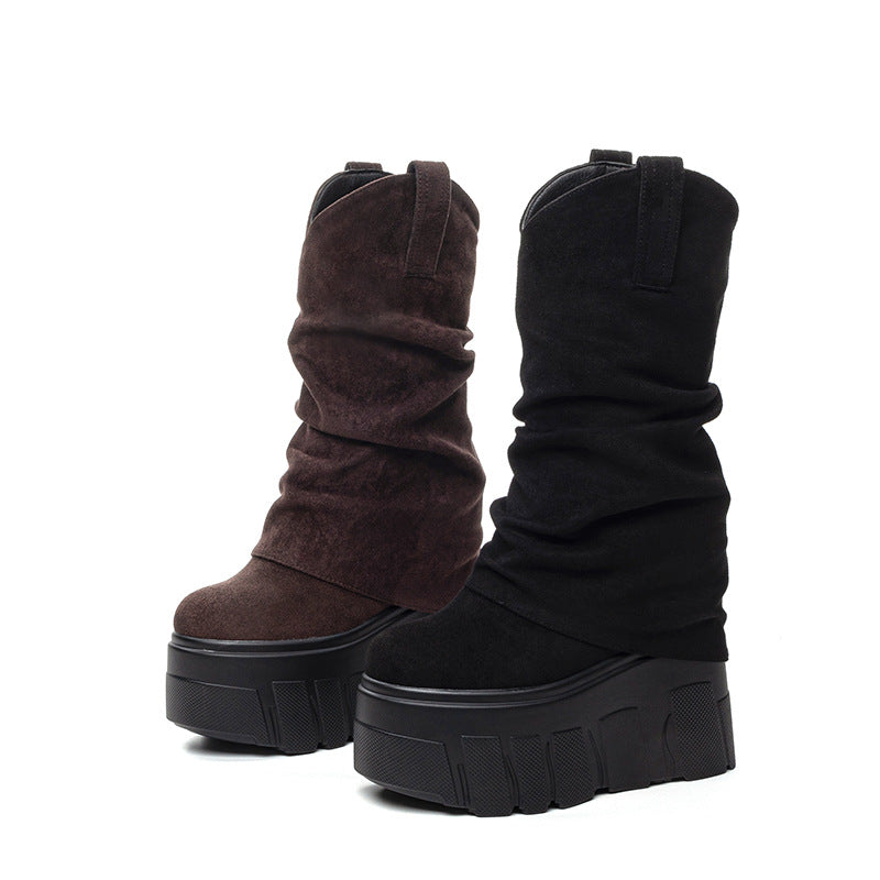 Women's Ankle Irregular Ruffle Pile Style Design Women's Leather Boots