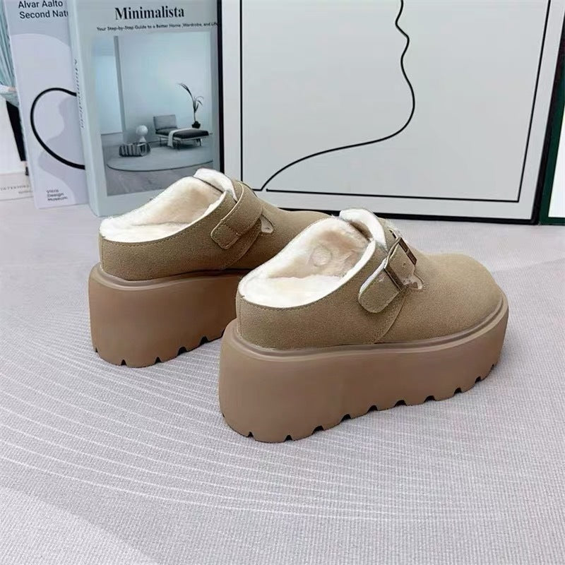 Women's Increasing Insole Closed Toe Half Fleece-lined Platform Slip-on Thick-soles Slippers