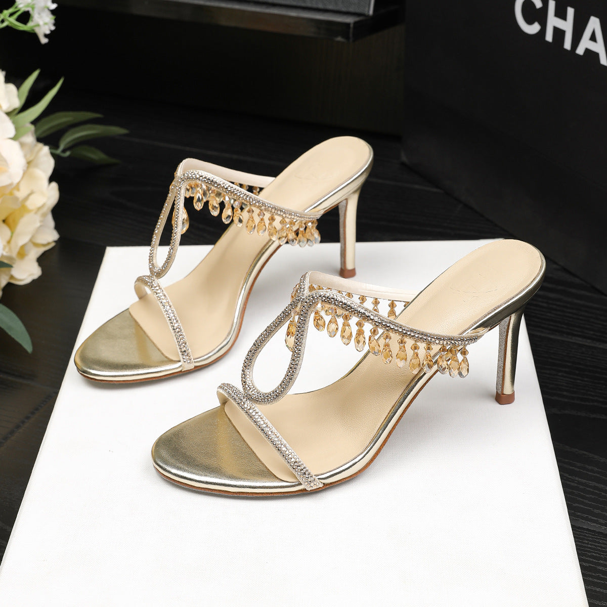 French Style Strap Pendant Rhinestone Ribbon Champagne Fairy Summer Slippers