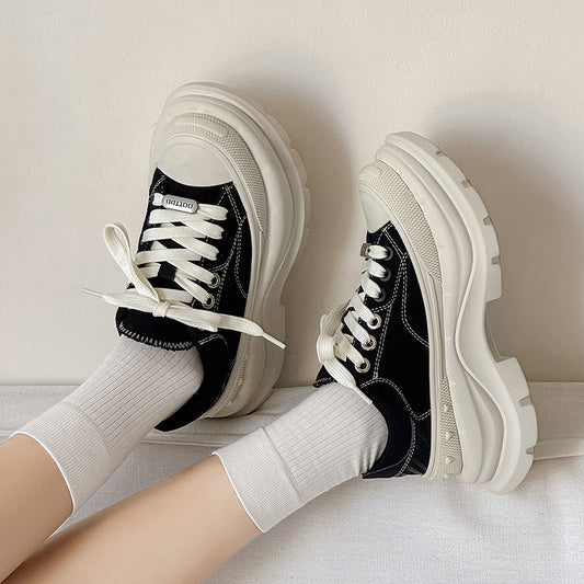 Height Increasing Couple Platform Fashionable Black Slimming Bread Men's Canvas Shoes