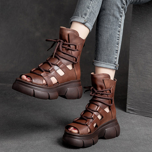 Shu Chun Thick-soled Round Toe Open Brushed Retro Style Platform Sandals
