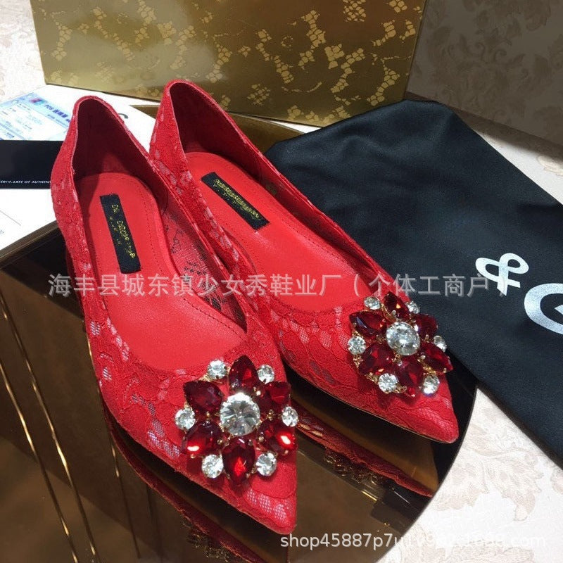 Outsole Lace Pointed Toe High Mesh Breathable Rhinestone Flat Fine Women's Fashion Shoes