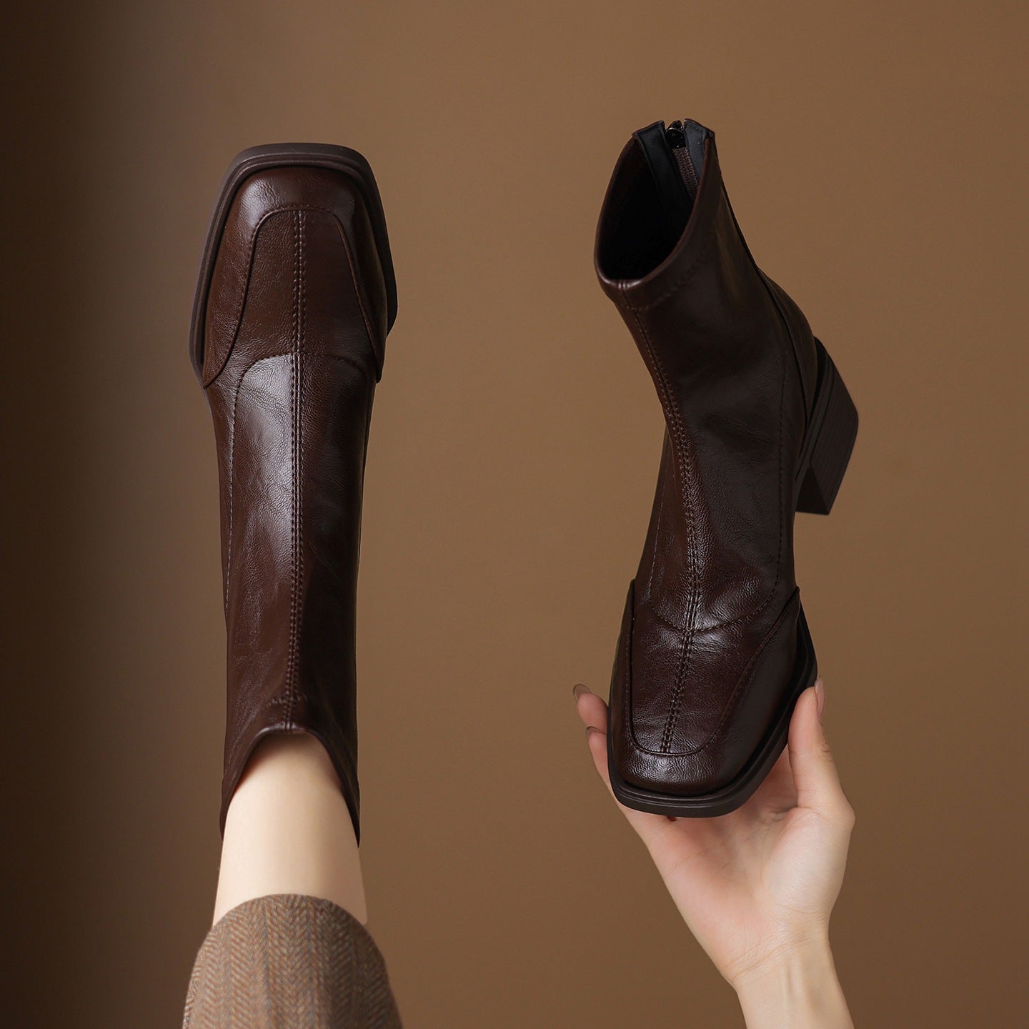Women's Square Toe Fashion Chunky Short For Autumn Stretch Thin Mid Women's Leather Boots