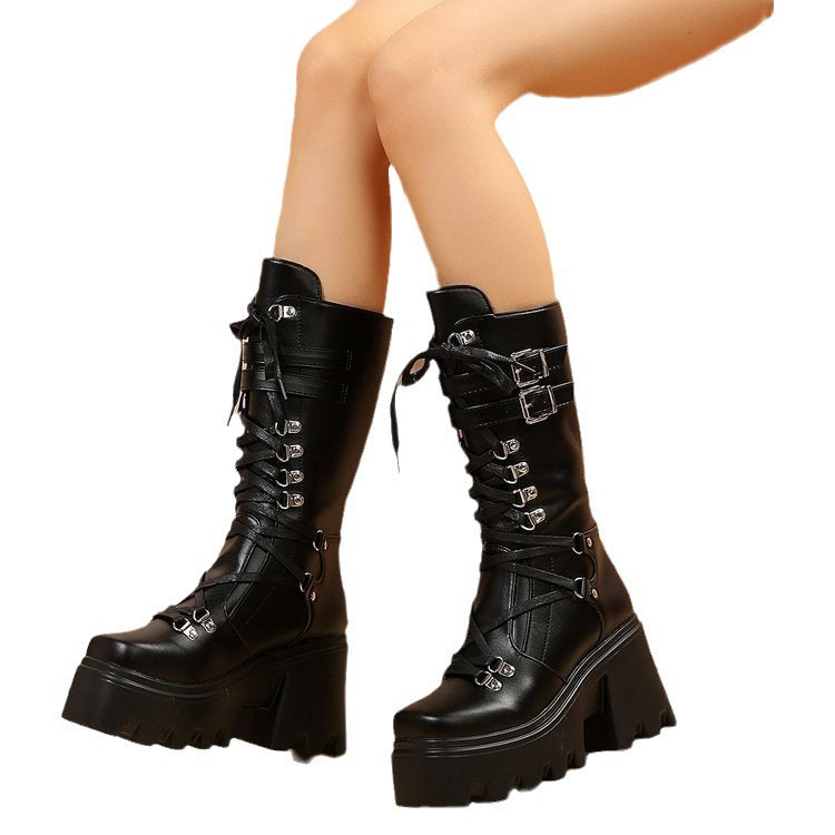 Women's Rivet Lace Up Chunky For Plus Boots