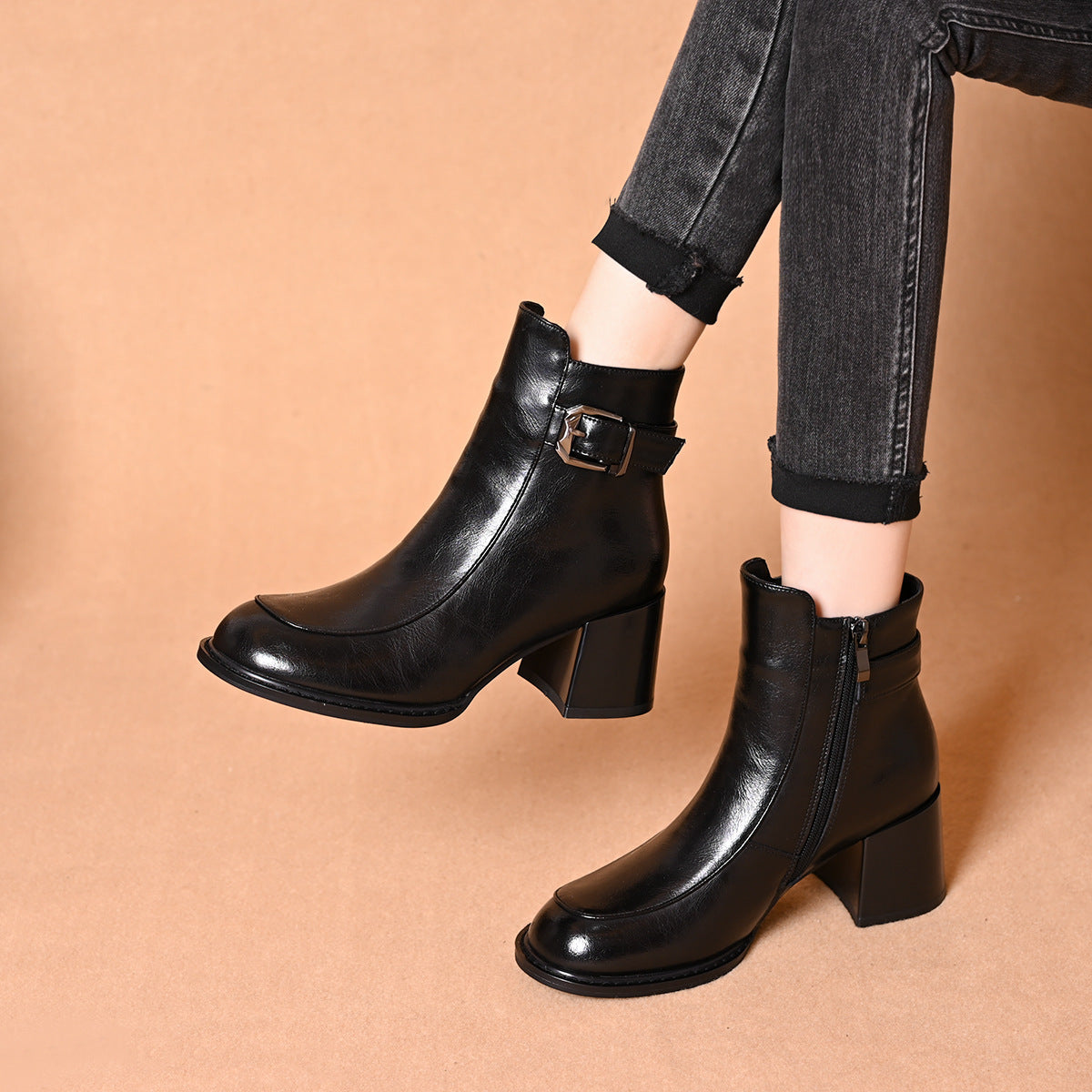 Women's Round Head Ankle French Retro Skinny Fashion Women's Leather Boots