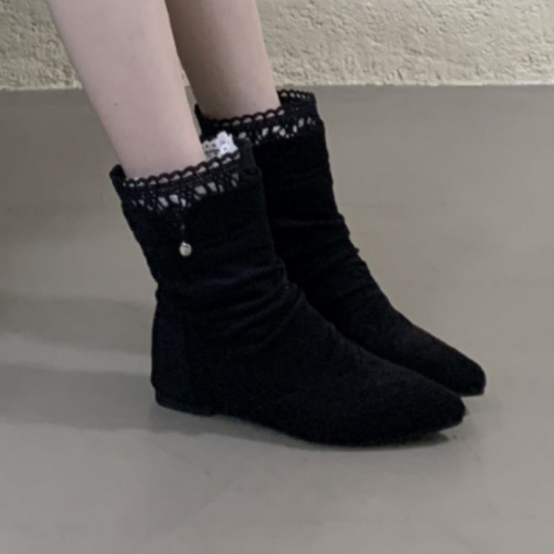 Women's Lace French Pleated Pile Style Pointed Toe Chunky Temperament Knee-high Women's Leather Boots