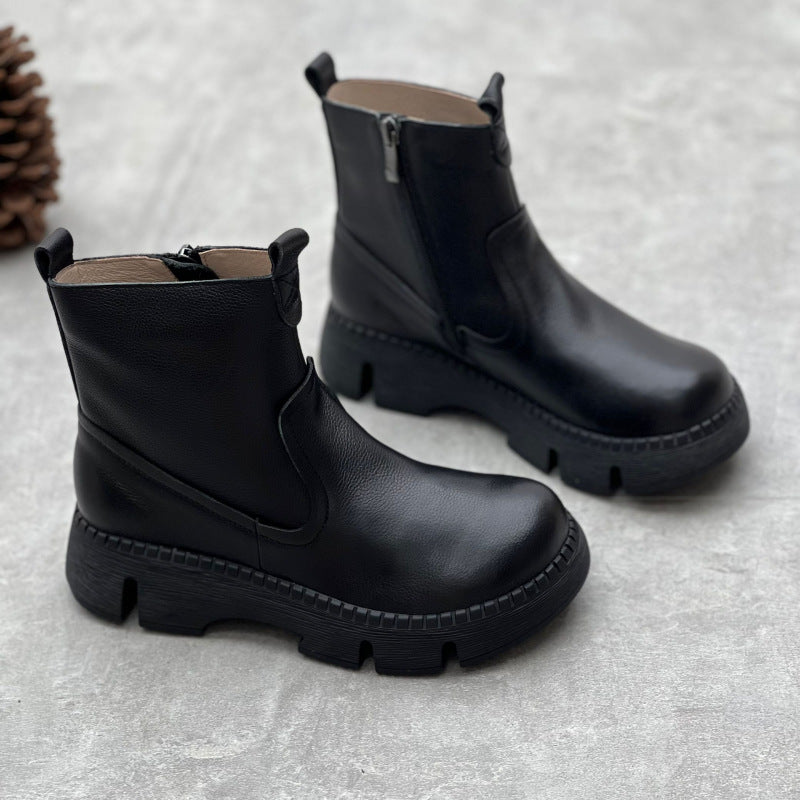 Women's Ankle Retro Ethnic Style Round Toe Muffin Bottom Women's Leather Boots