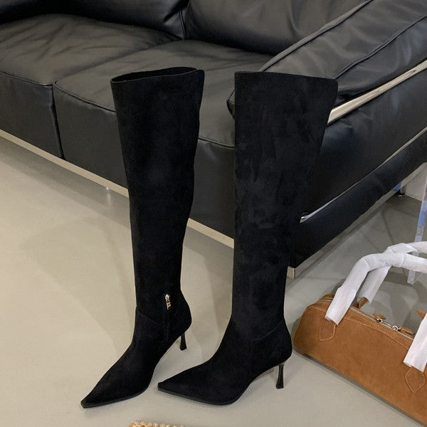 Small Two-way Side Zipper Pointed Toe Suede Boots