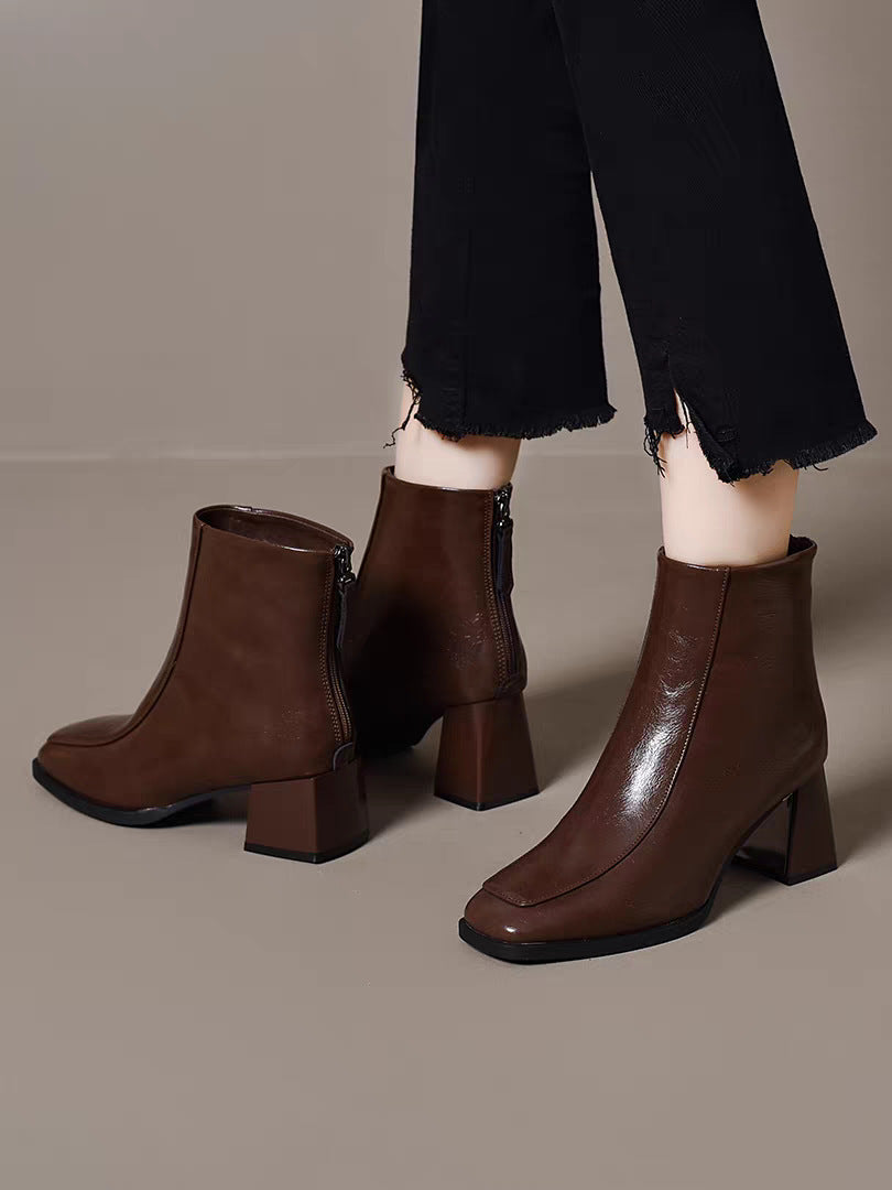 Women's For French Style Square Toe Slimming Stretch Thin British Comfortable Women's Leather Boots