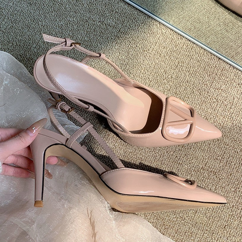 Women's Style One-word Beautiful V Buckle Classy Stiletto Pointed Toe Closed High Heeled Sandals