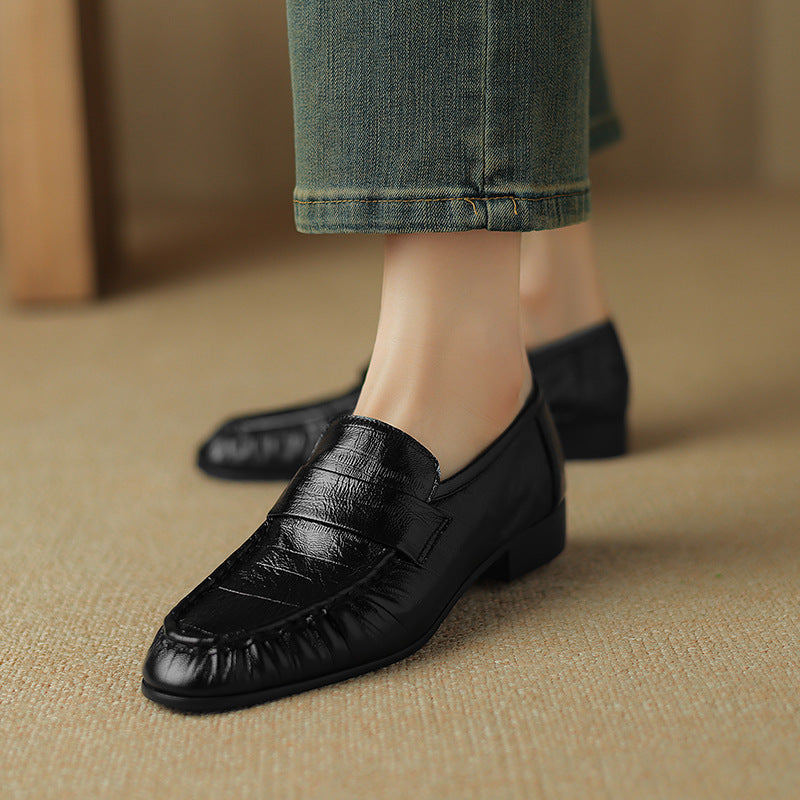 Cowhide Retro Minority Crocodile Pattern Chunky Pumps Slip-on Genuine British Women's Casual Shoes
