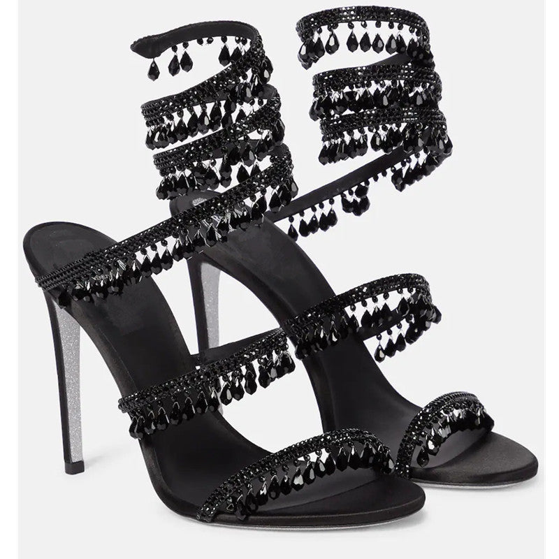 Women's Crystal Pendant Snakelike Winding Rhinestone Tassel Decoration Large Size Flat Sandals