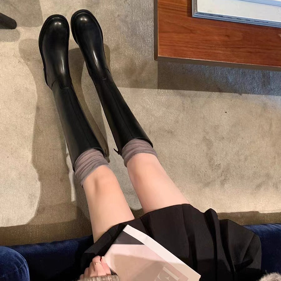 Women's Mom Simple Round Head Low Side Zipper Fashion Women's Leather Boots