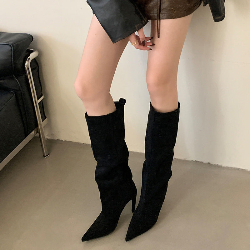 Pointed Toe High Leg Simple Temperament Pure Color Women's Leather Boots